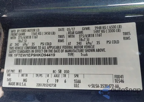 2017 Ford F-150 Xlt z USA, uszkodzony, nr VIN 1FTEW1EP9HKD94419